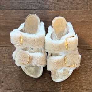 Birkenstock Cream Sandals with Gold Buckles